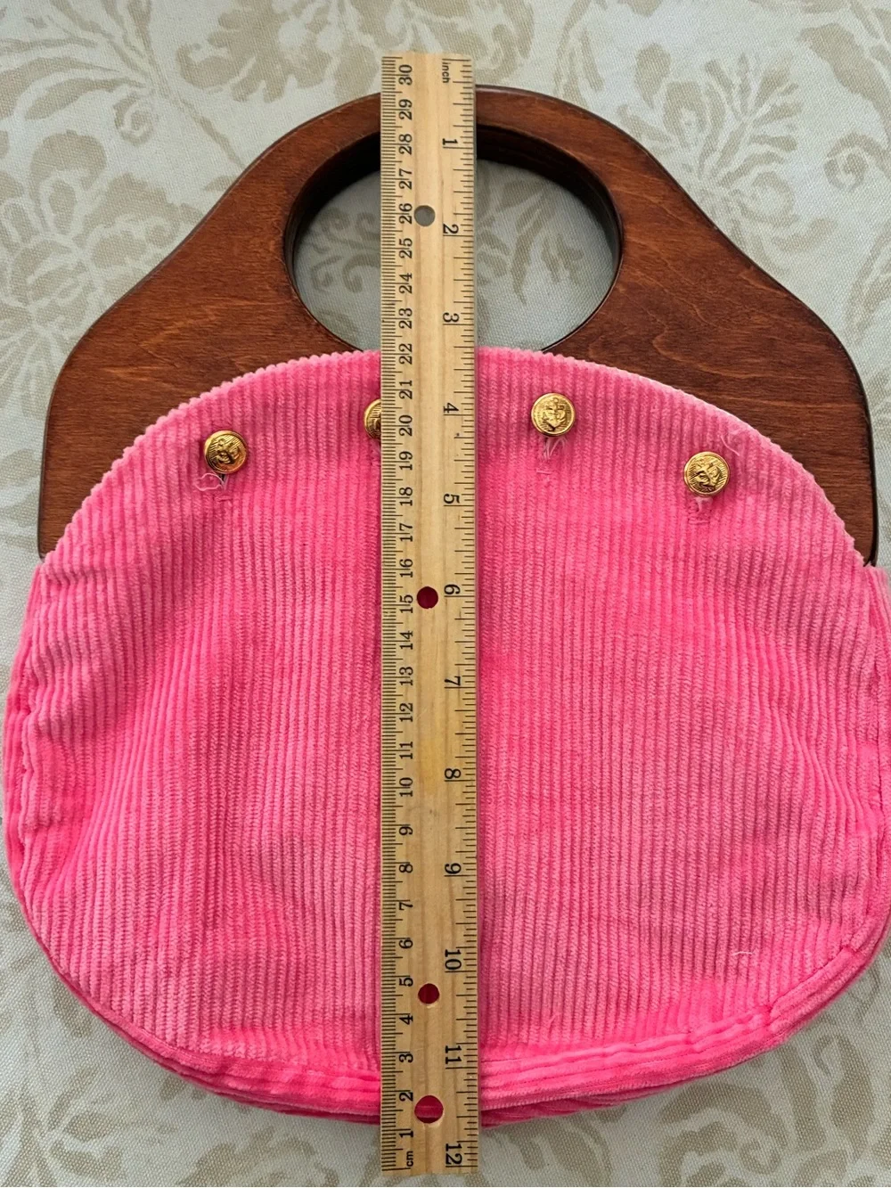 J.G. Hook Bermuda Bag Wood Handles Gold Anchor Buttons Pink Corduroy Cover